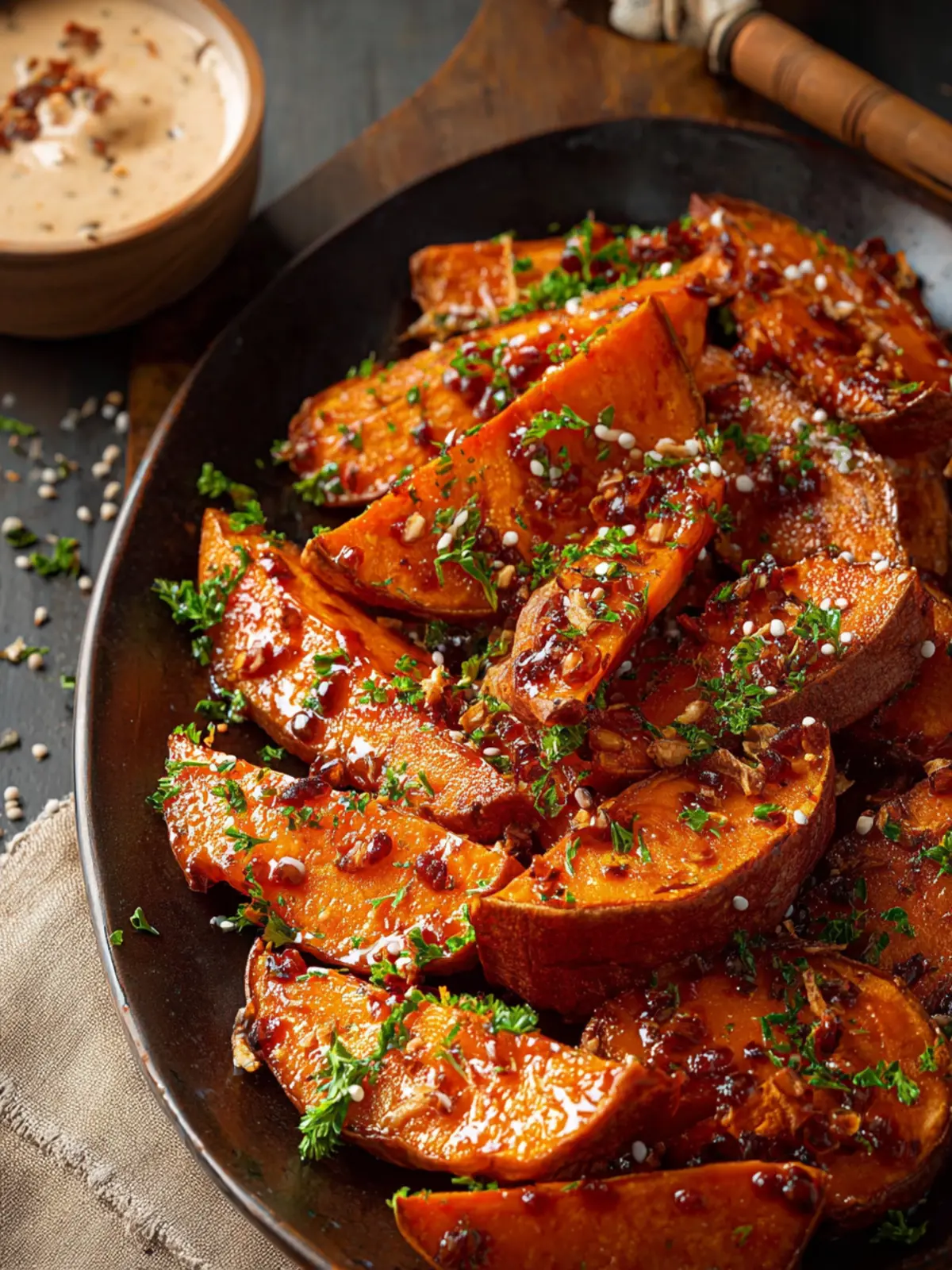 Sticky Glazed Sweet Potatoes with Harissa Ranch First Image