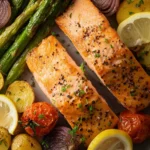 sheet pan salmon veggies healthy easy First Image