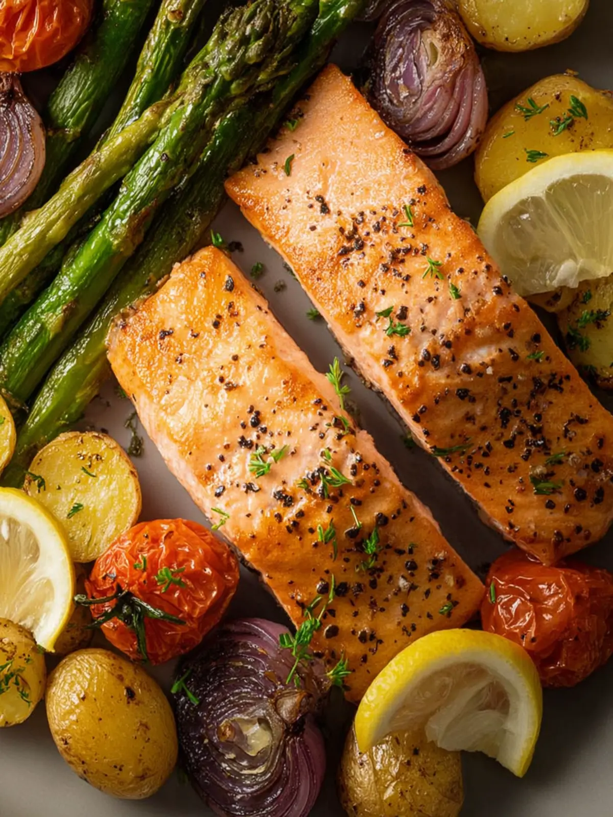 sheet pan salmon veggies healthy easy First Image